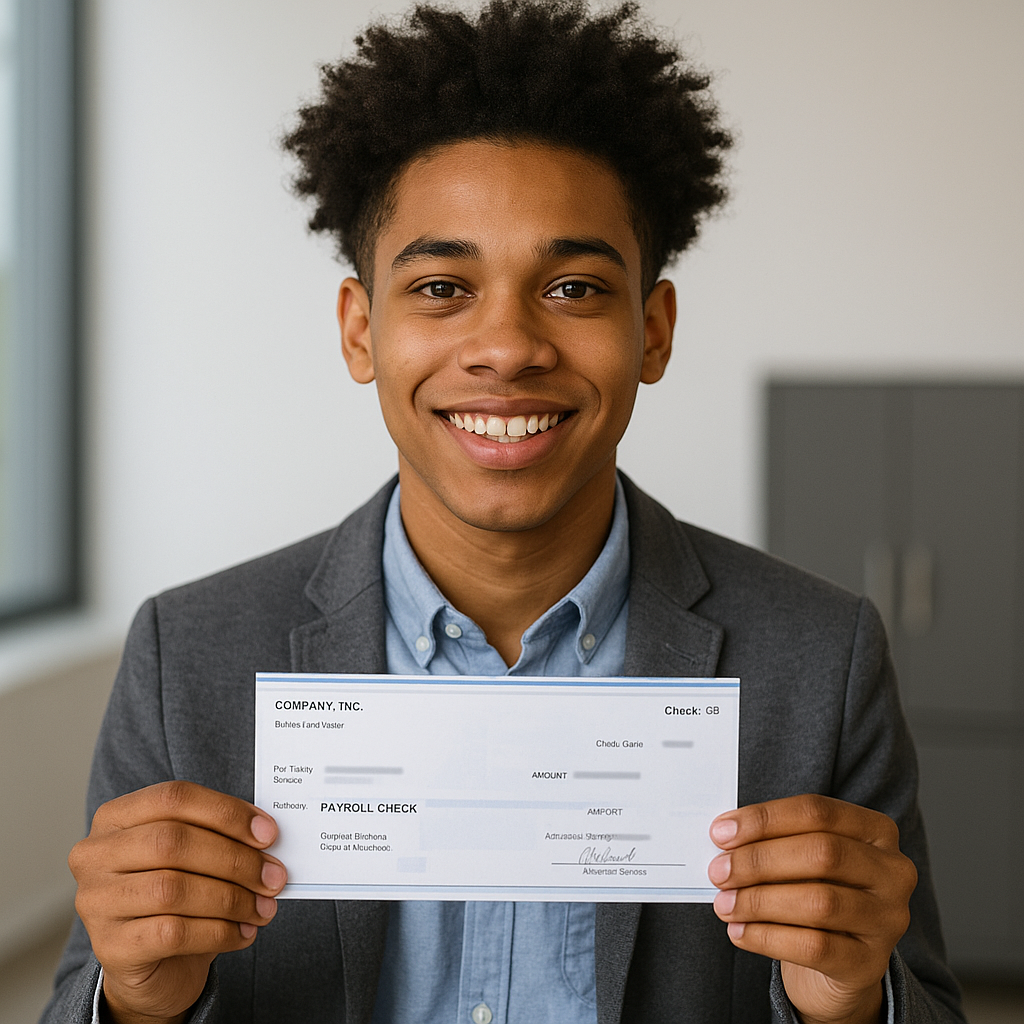 Young man holding up a paycheck