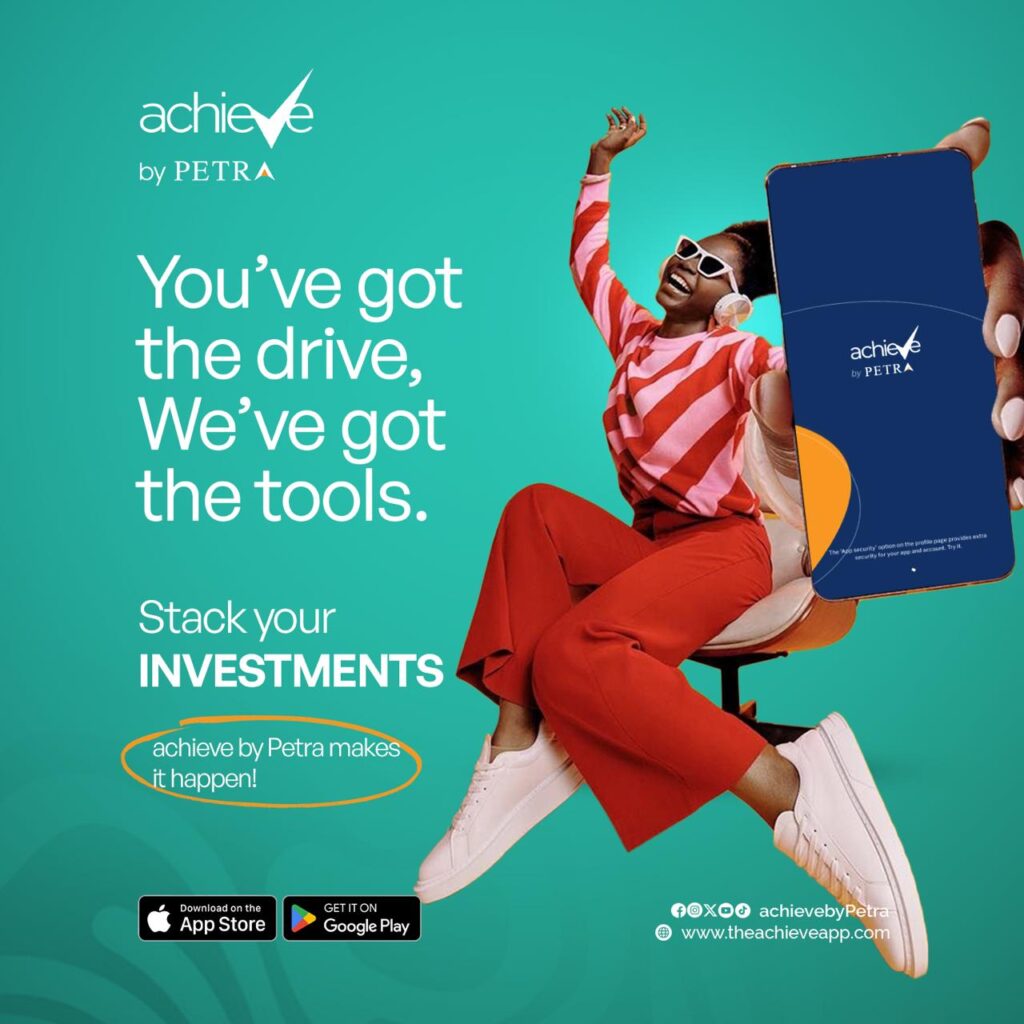 Woman holding a smartphone displaying the Achieve by Petra loading screen, with the message “you’ve got the drive, we’ve got the tools,” symbolizing empowered financial growth and smart budgeting in your 20s